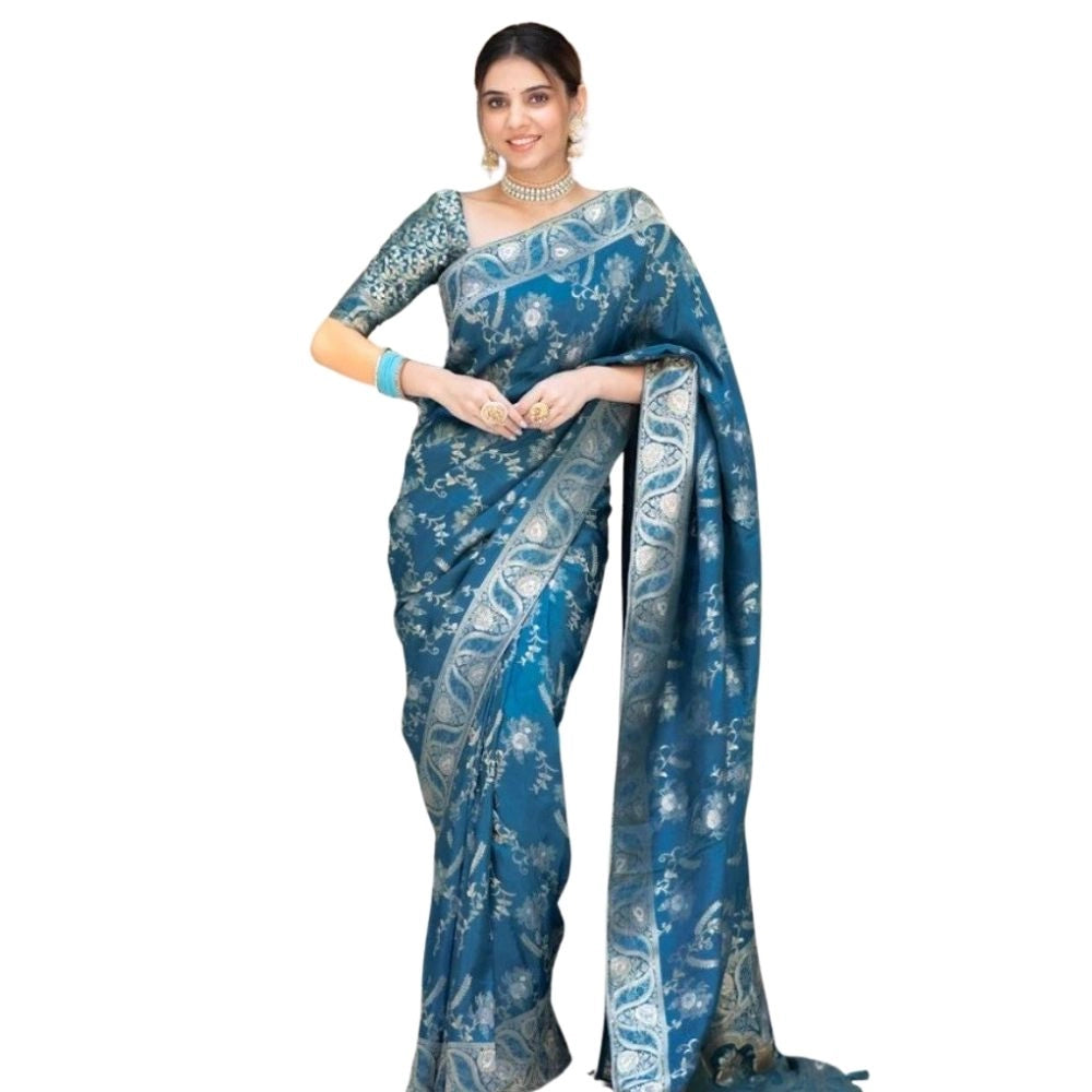 Women's Silk Printed Saree — Teal Blue · _Blu