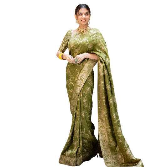 Women's Silk Printed Saree — Olive Green