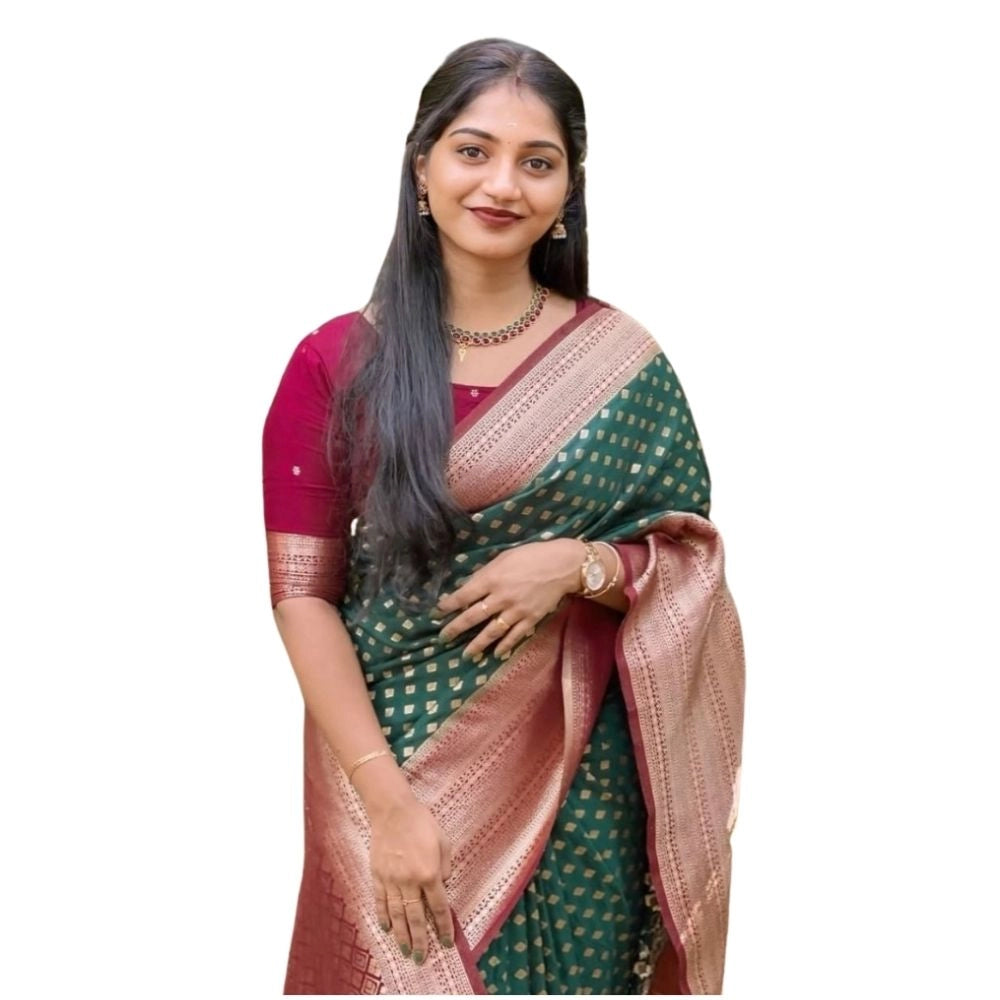 Women's Silk Printed Saree — Green-Red