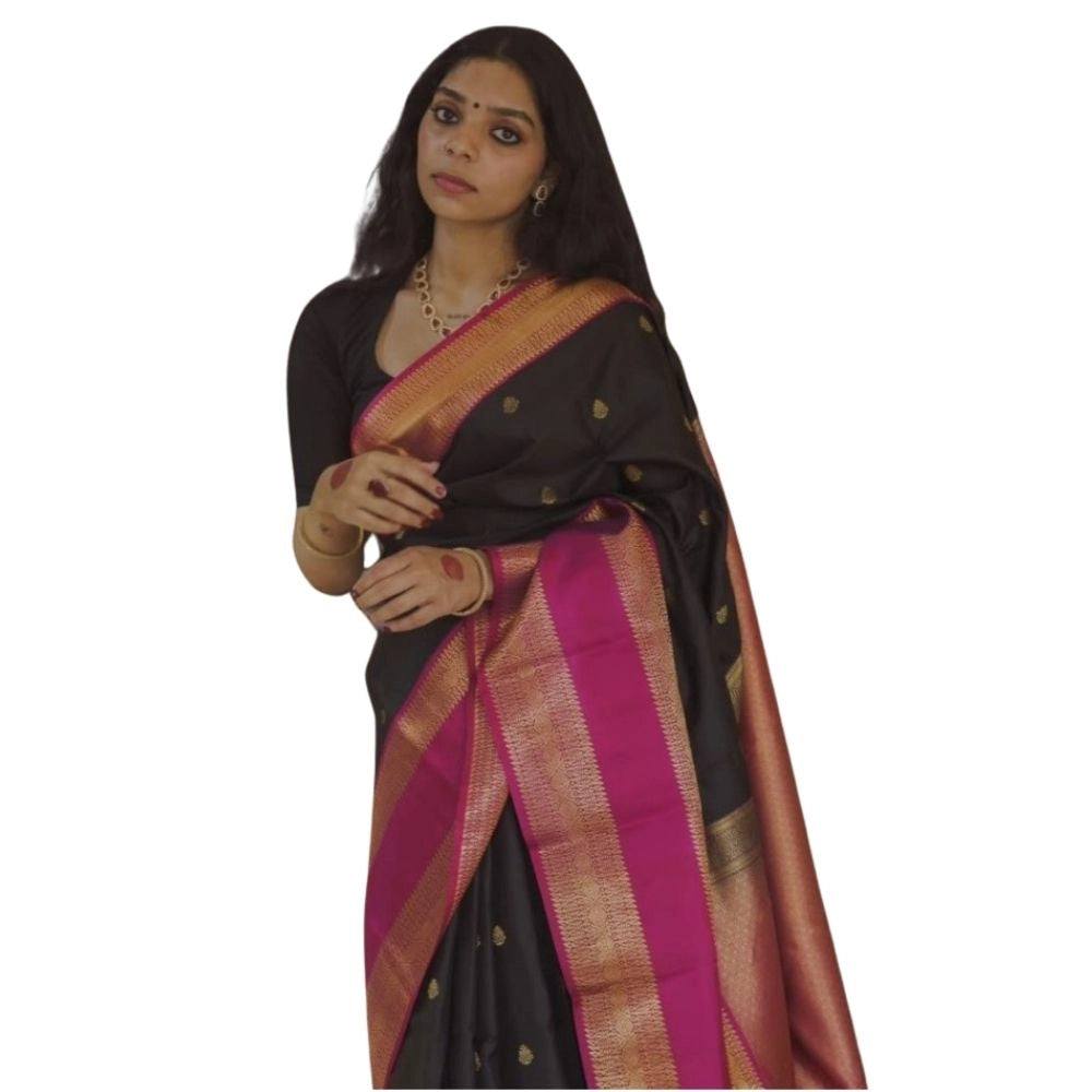 Women's Silk Printed Saree — Black-Pink