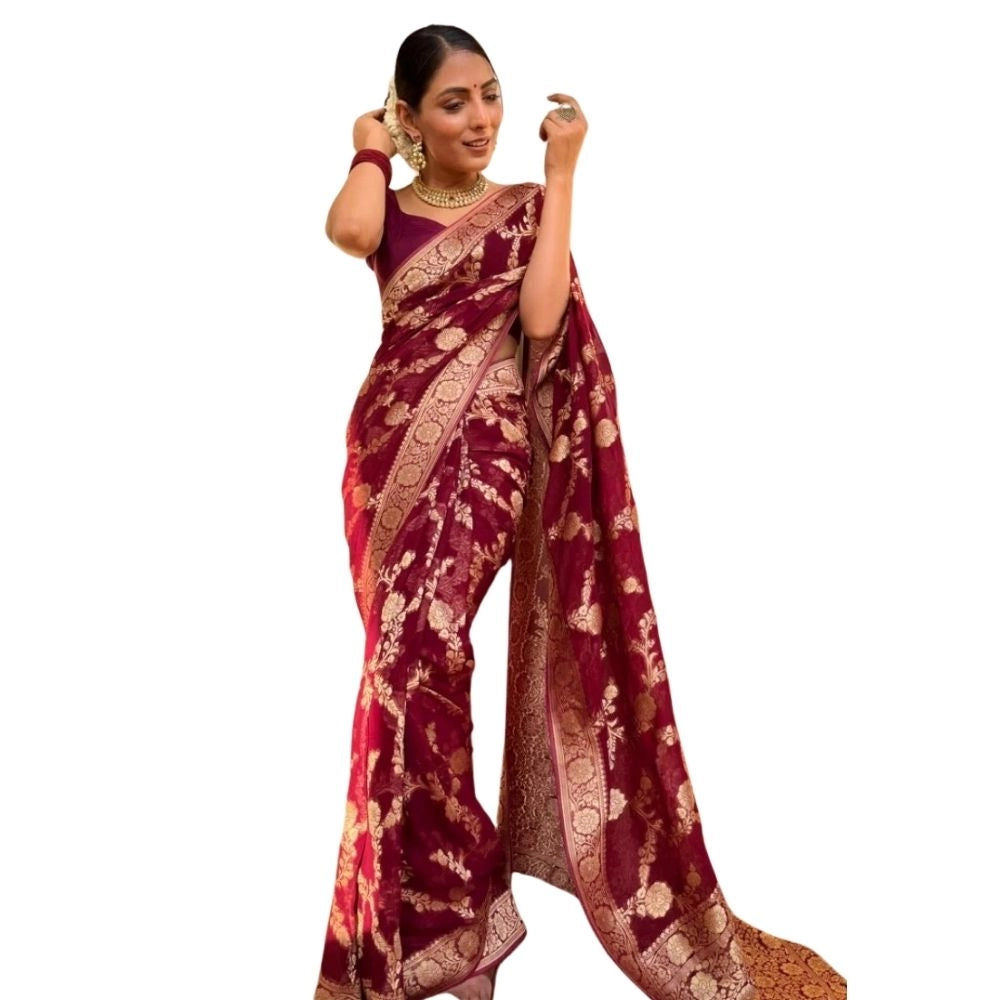 Women's Silk Printed Saree — Maroon · Mron