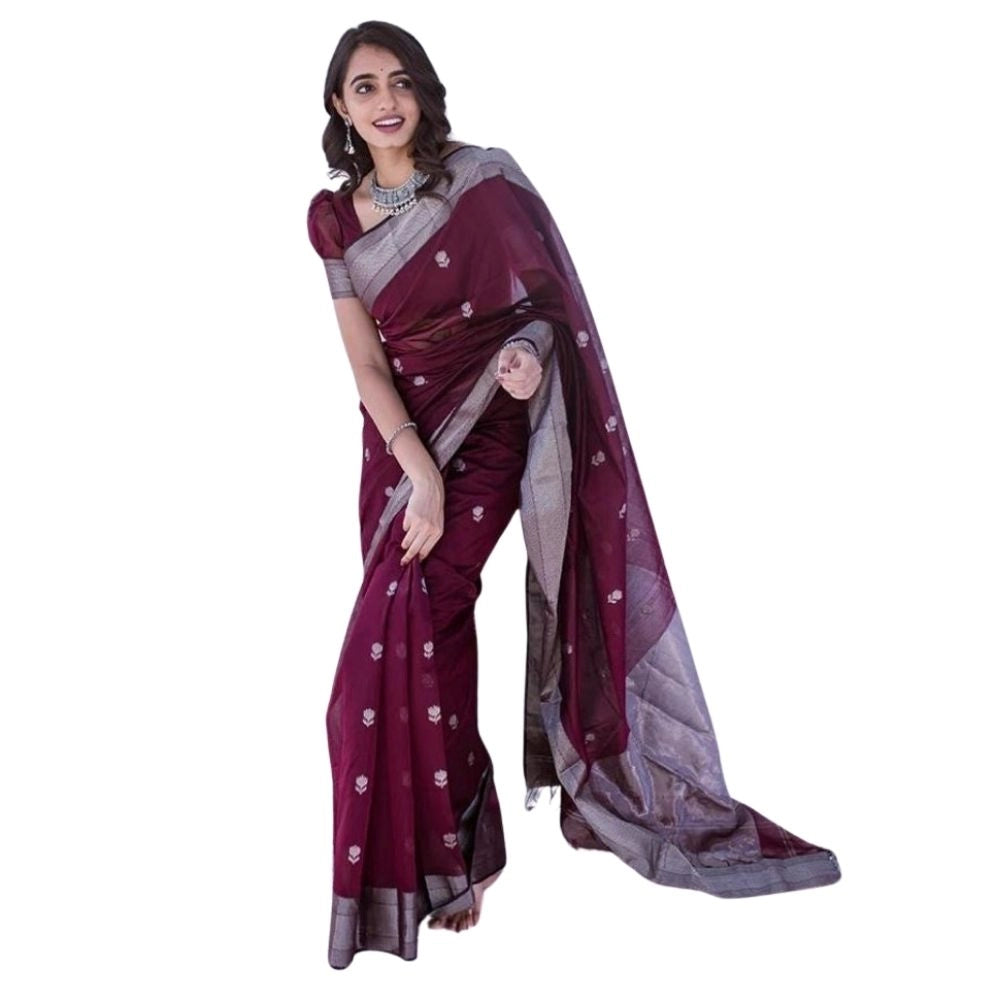 Women's Cotton Printed Saree — Maroon · Mron