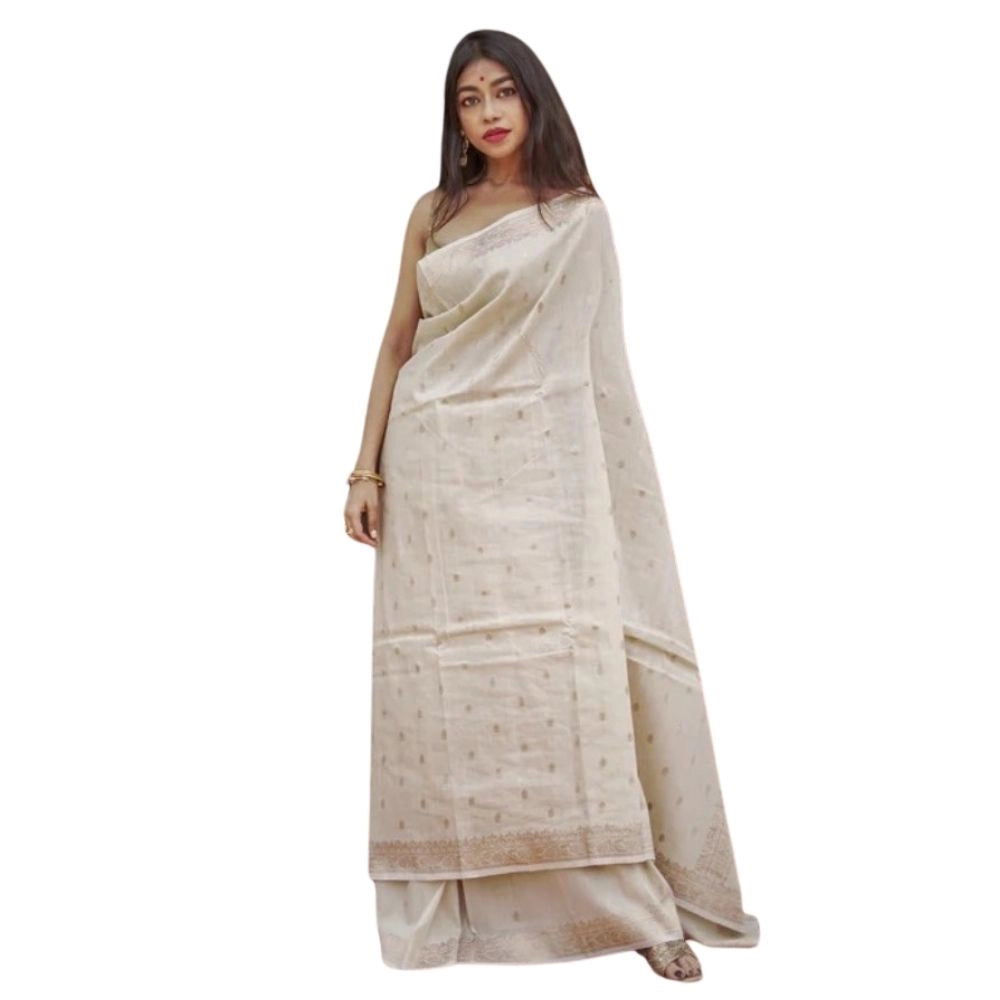 Women's Cotton Printed Saree — Cream · _Crm