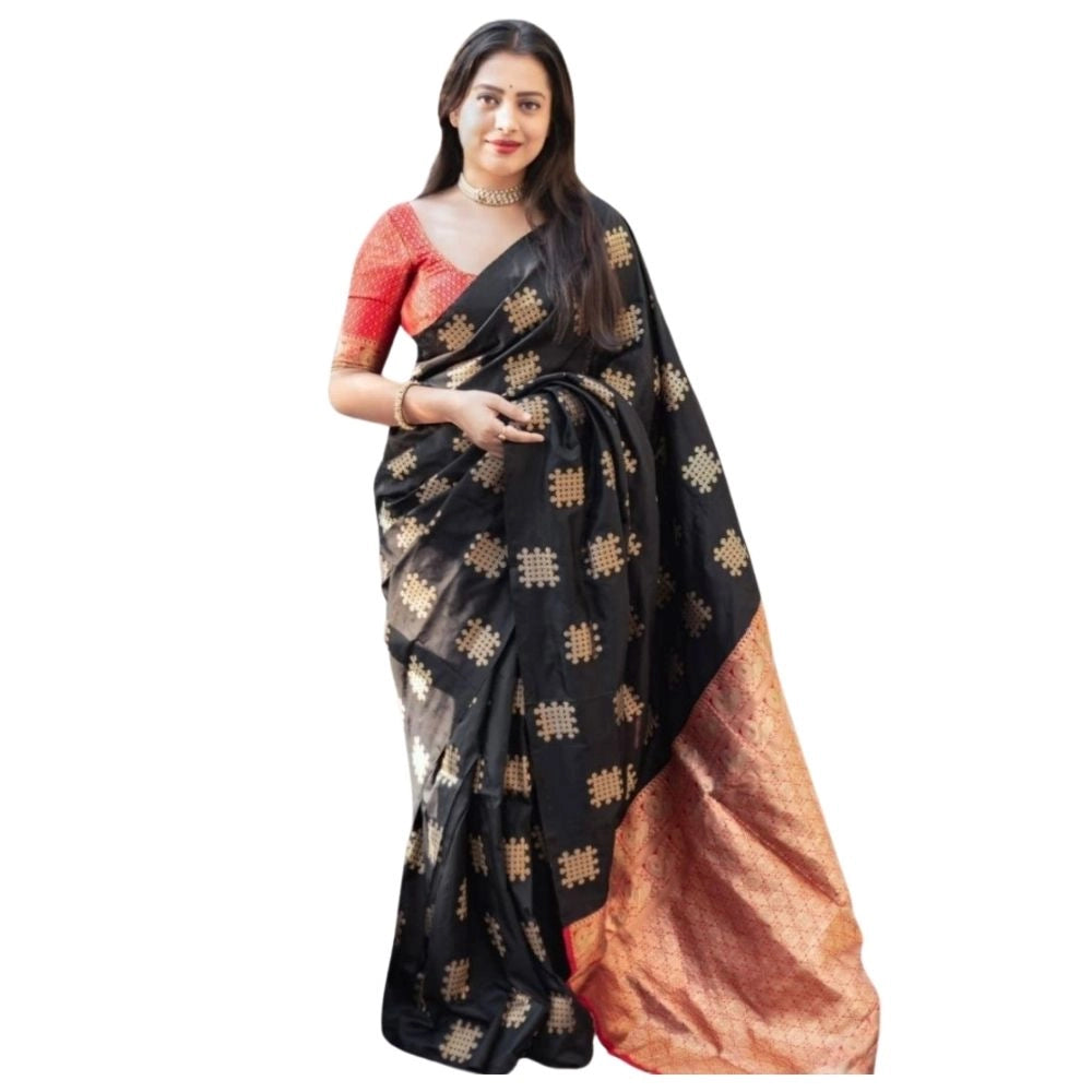 Women's Silk Printed Saree — Blacl-Orange