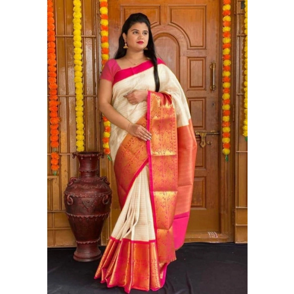 Women's Soft Lichi Silk Printed Saree — Cream