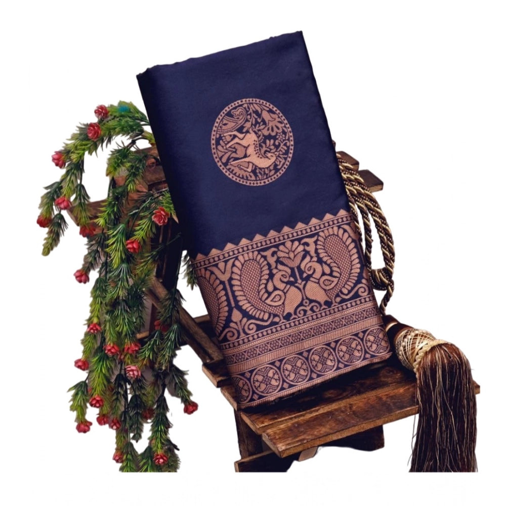 Women's Soft Lichi Silk Printed Saree — Navy Blue · 3Nbl