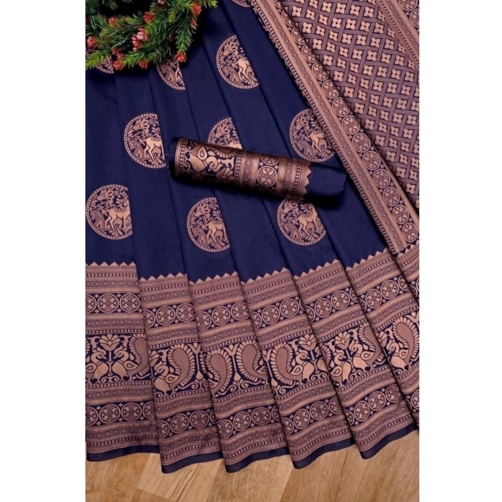Women's Soft Lichi Silk Printed Saree — Navy Blue · 3Nbl