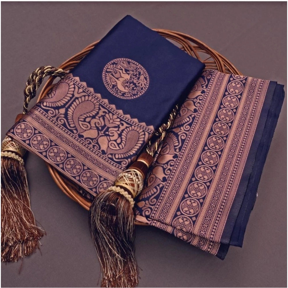 Women's Soft Lichi Silk Printed Saree — Navy Blue · 3Nbl