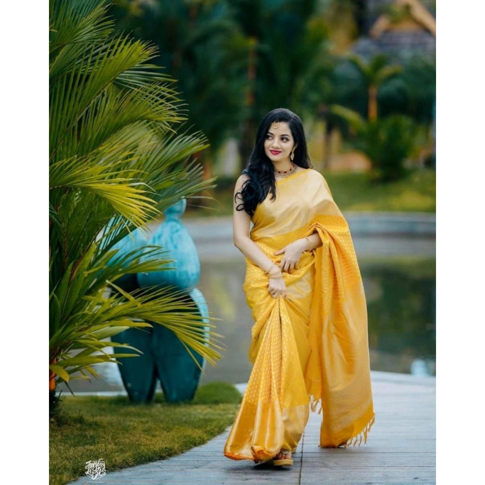Women's Soft Lichi Silk Printed Saree — Yellow · 5Ylw
