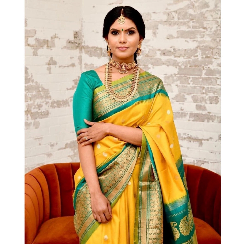 Women's Soft Lichi Silk Printed Saree — Yellow · 3Ylw