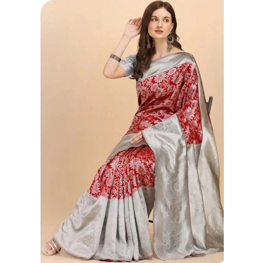 Women's Soft Lichi Silk Printed Saree — Red · 90Rd