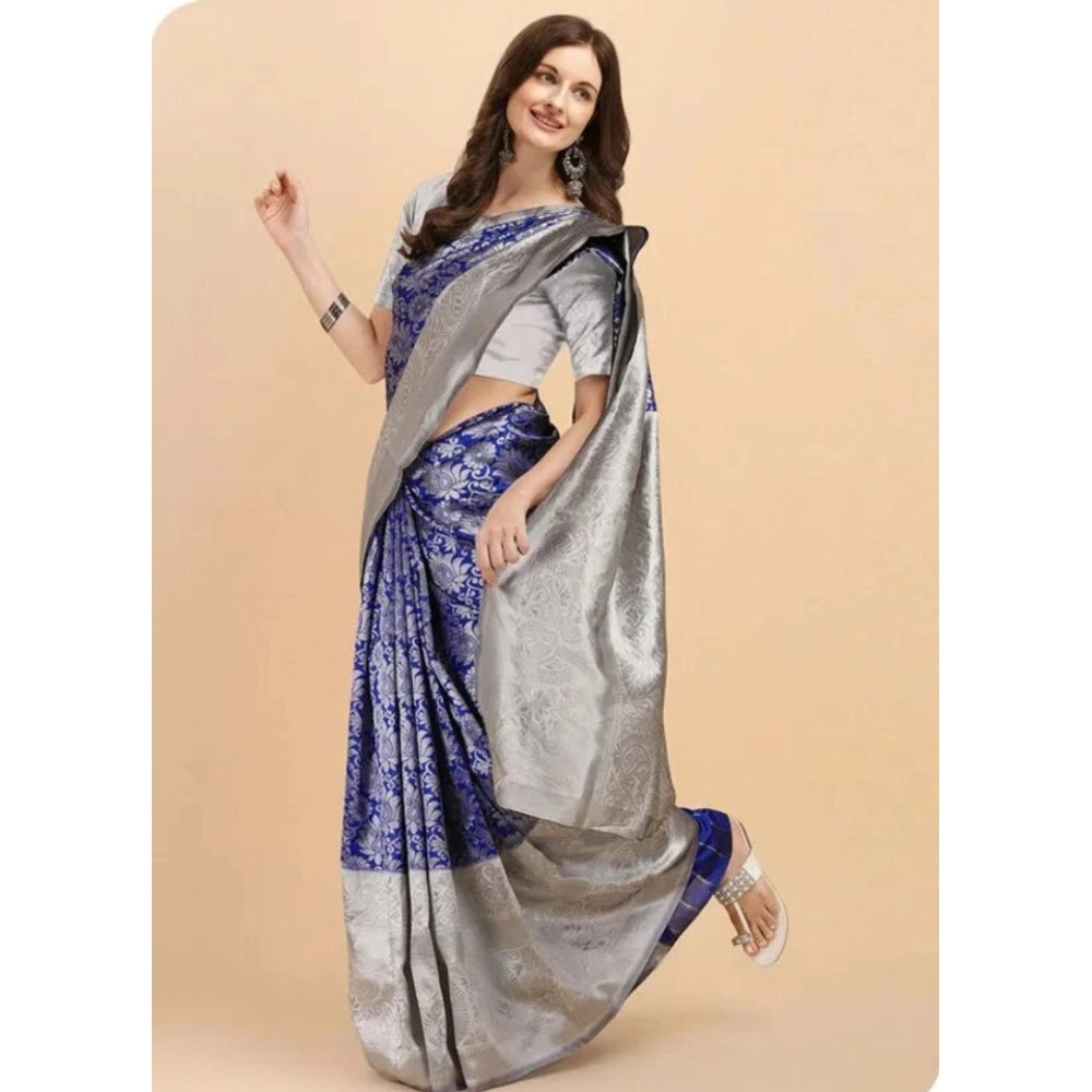 Women's Soft Lichi Silk Printed Saree — Blue · 90Bl