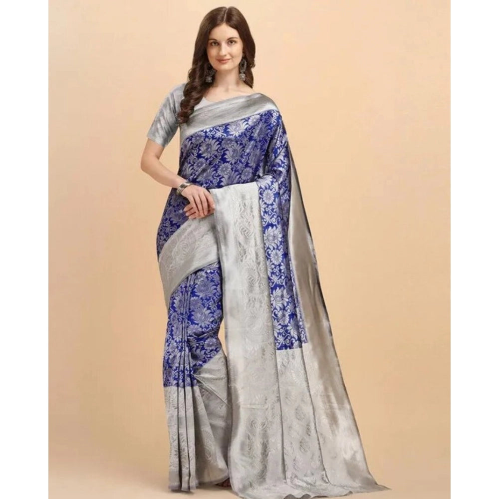 Women's Soft Lichi Silk Printed Saree — Blue · 90Bl
