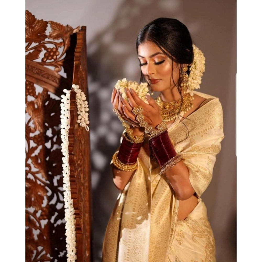 Women's Soft Lichi Silk Printed Saree — Golden