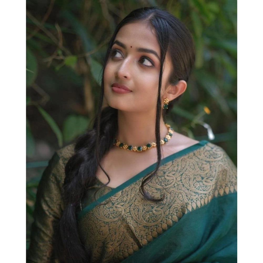 Women's Soft Lichi Silk Solid Saree — Green