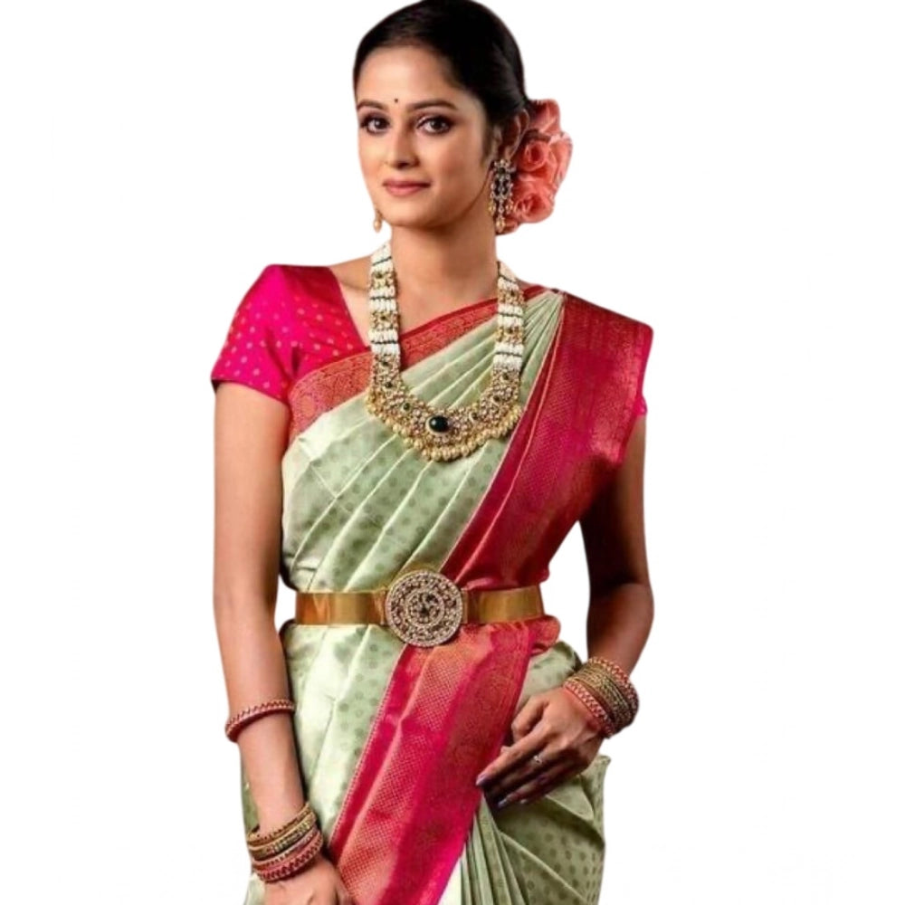 Women's Soft Lichi Silk Printed Saree — Light Green · LGrn