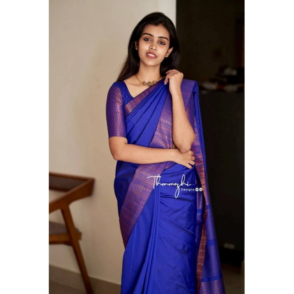 Women's Soft Lichi Silk Solid Saree — Blue · 92Bl