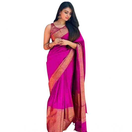 Women's Soft Lichi Silk Solid Saree — Pink
