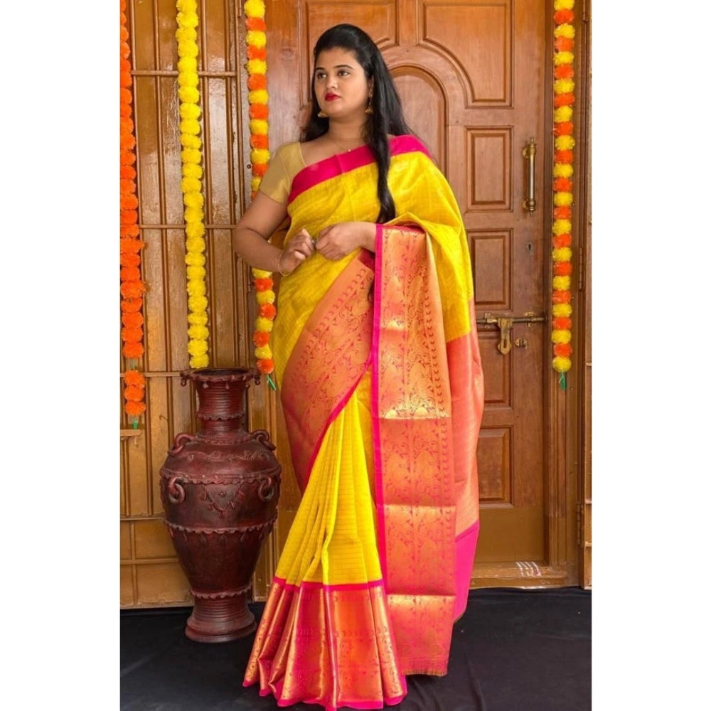 Women's Soft Lichi Silk Printed Saree — Yellow · 5Ylw