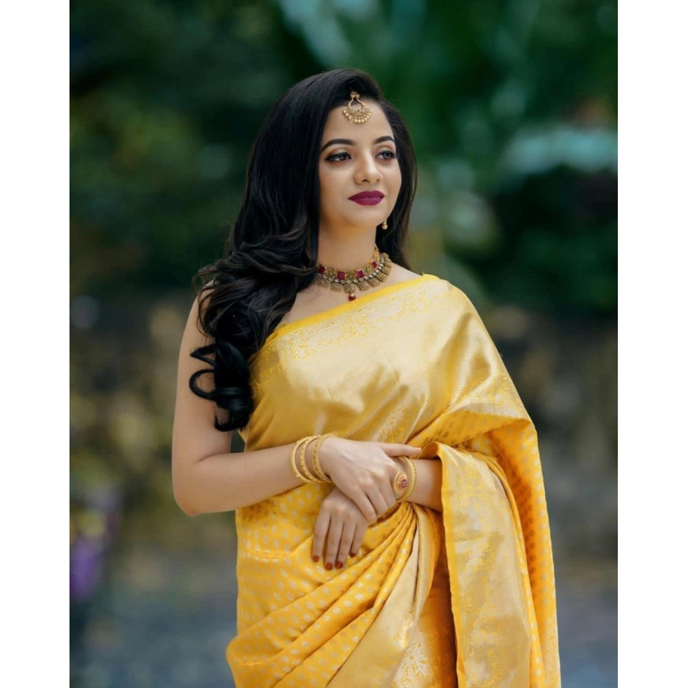 Women's Soft Lichi Silk Printed Saree — Yellow · 5Ylw