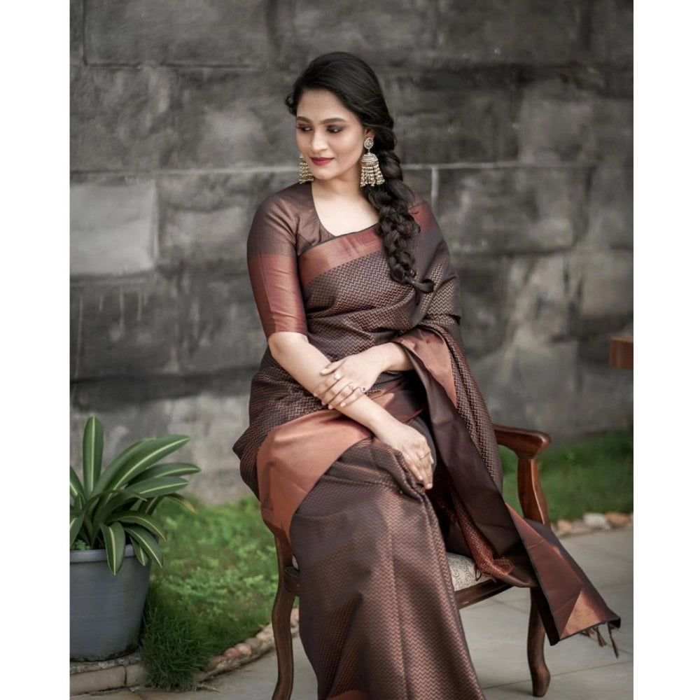 Women's Soft Lichi Silk Printed Saree — Brown · 4Brn
