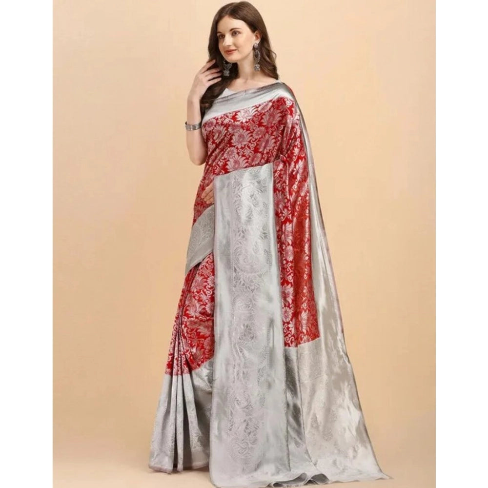 Women's Soft Lichi Silk Printed Saree — Red · 90Rd