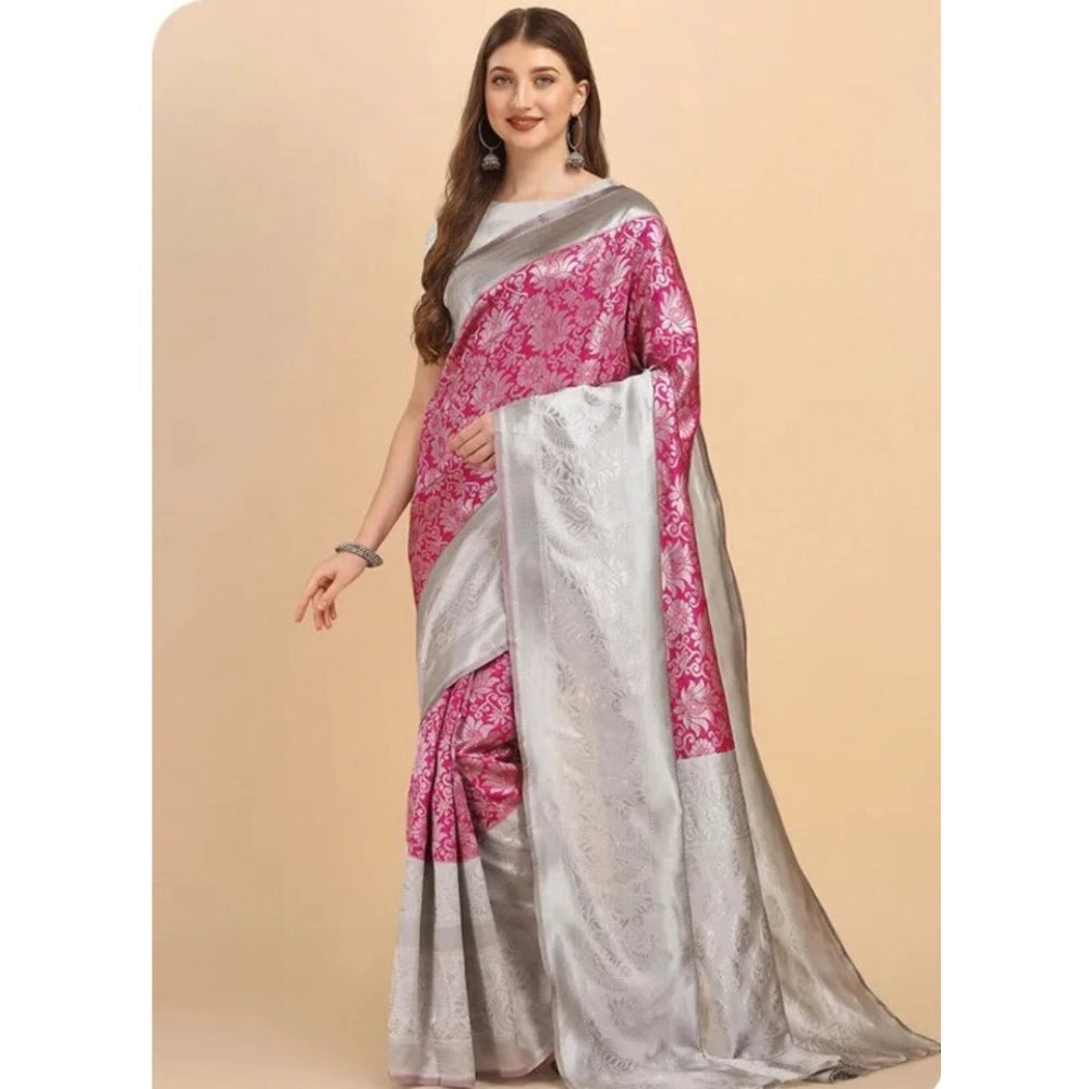 Women's Soft Lichi Silk Printed Saree — Pink · 0Pnk