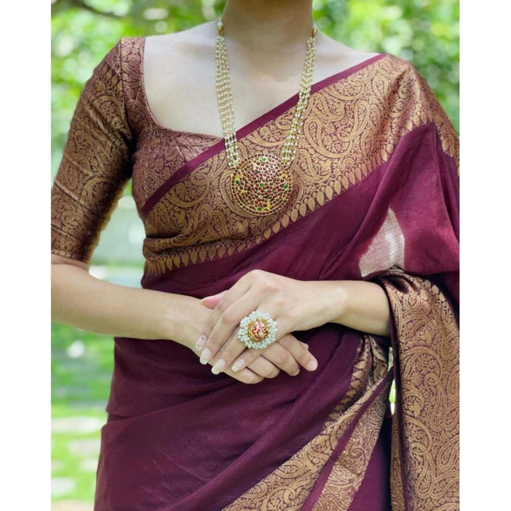 Women's Soft Lichi Silk Solid Saree — Maroon · 2Mrn