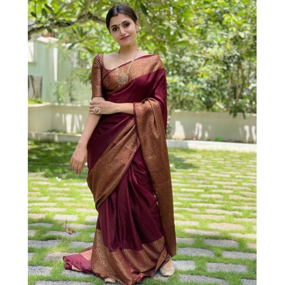Women's Soft Lichi Silk Solid Saree — Maroon · 2Mrn