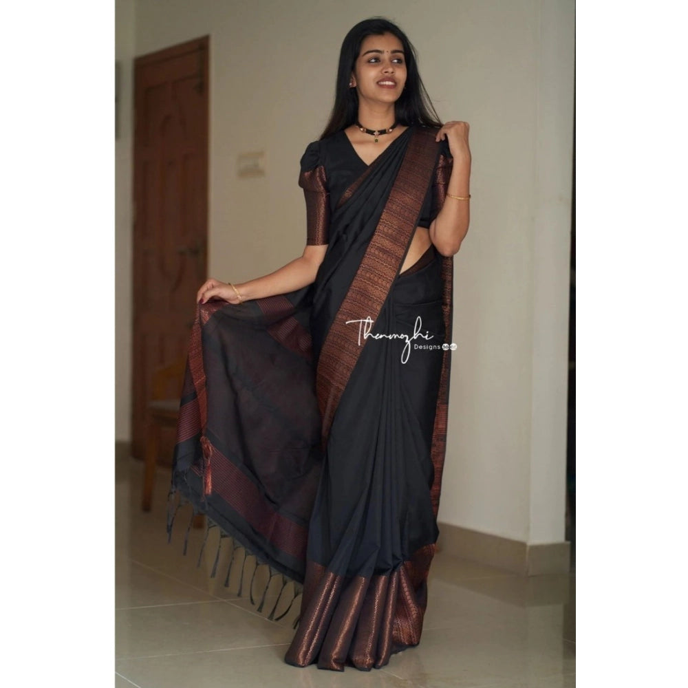 Women's Soft Lichi Silk Solid Saree — Black