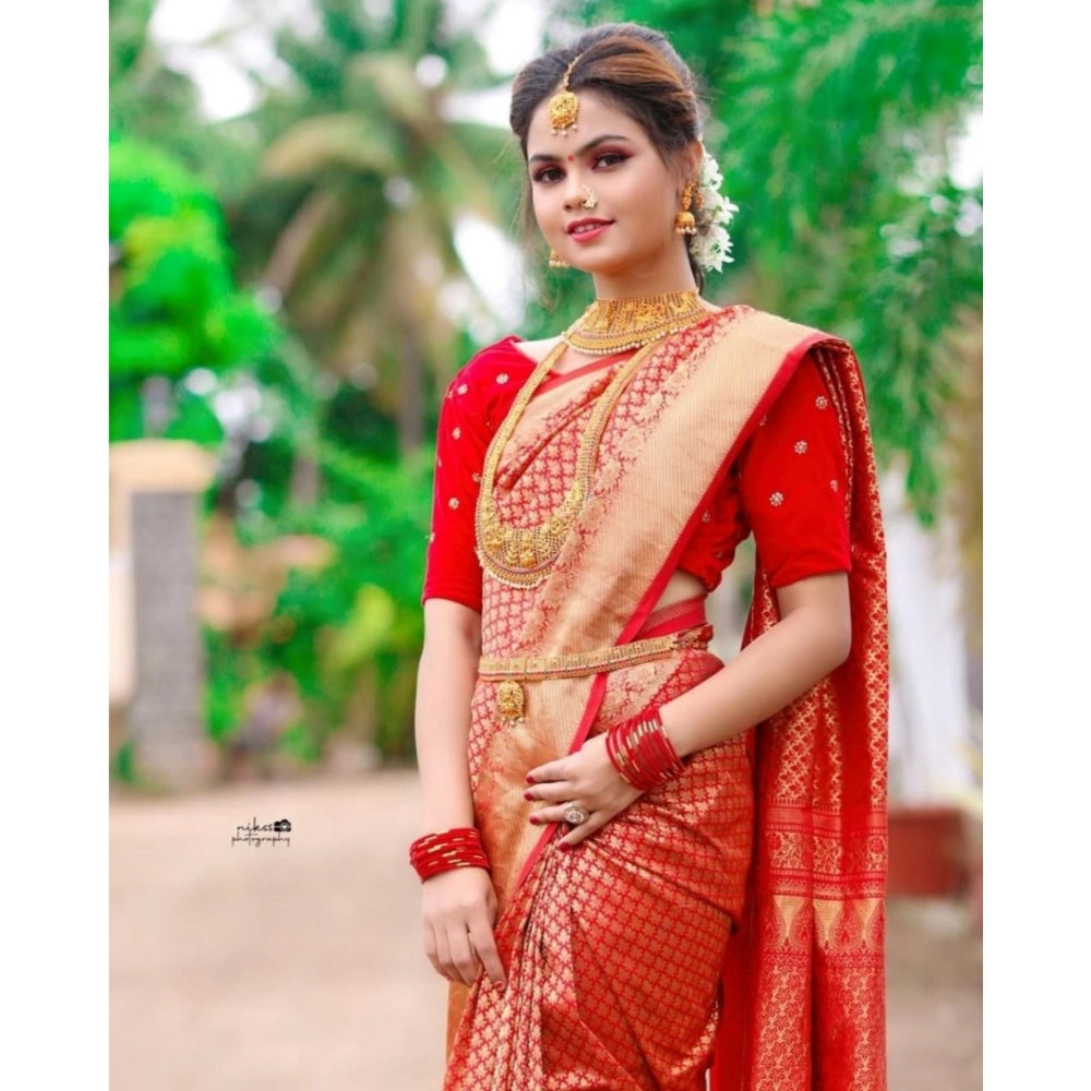 Women's Soft Lichi Silk Printed Saree — Red · 1Red