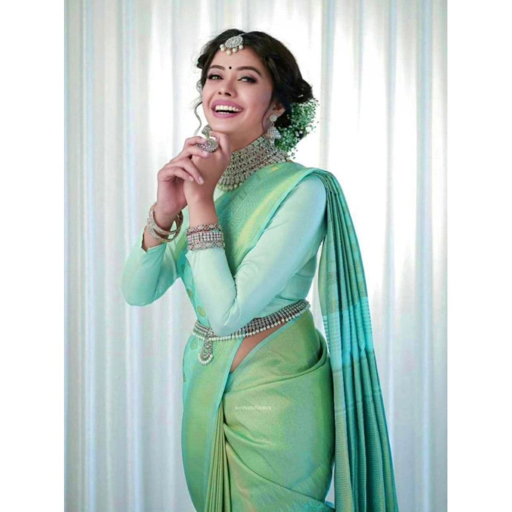 Women's Soft Lichi Silk Printed Saree — Light Green · 6Lbl