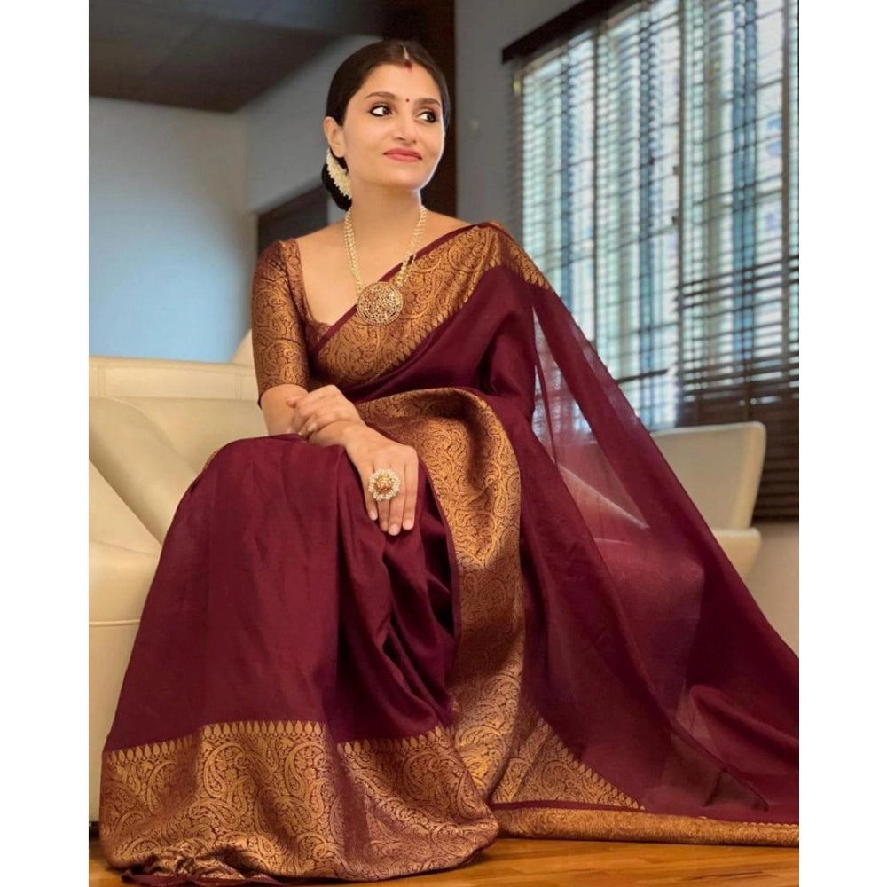 Women's Soft Lichi Silk Solid Saree — Maroon · 2Mrn