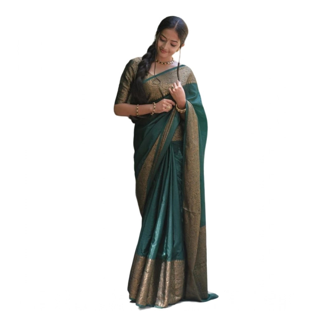 Women's Soft Lichi Silk Solid Saree — Green