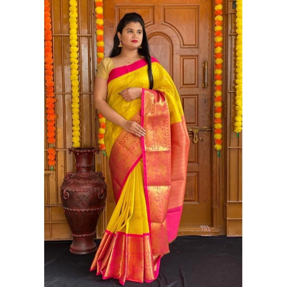 Women's Soft Lichi Silk Printed Saree — Yellow · 5Ylw
