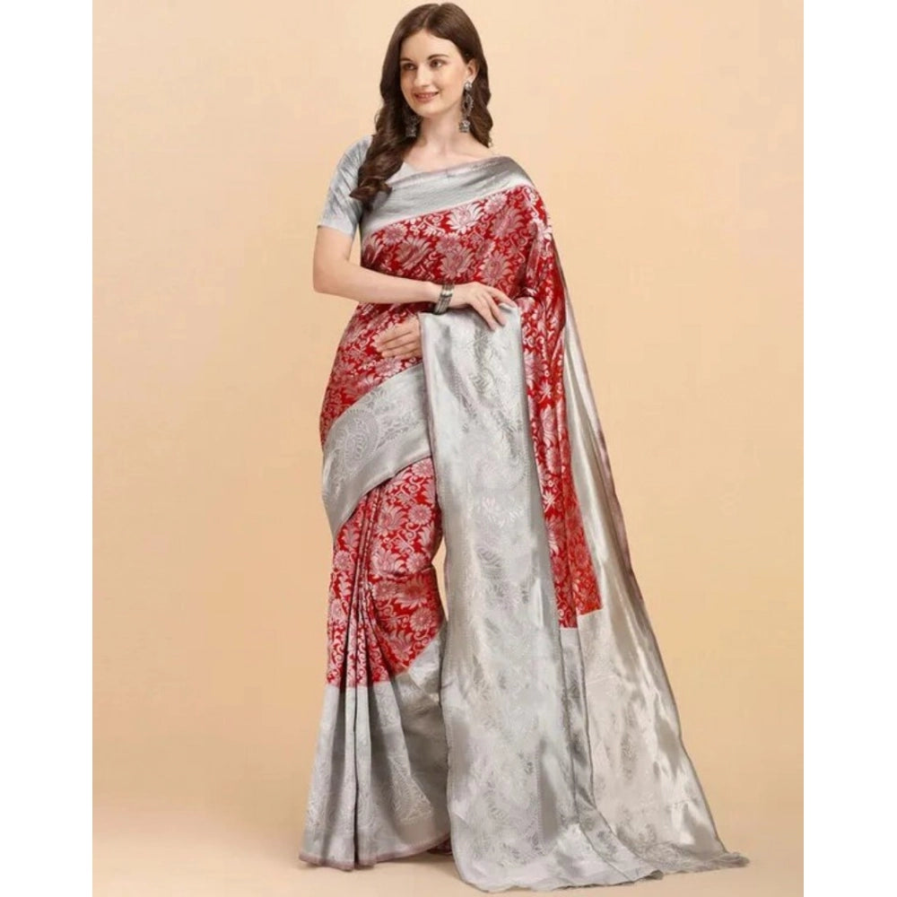 Women's Soft Lichi Silk Printed Saree — Red · 90Rd