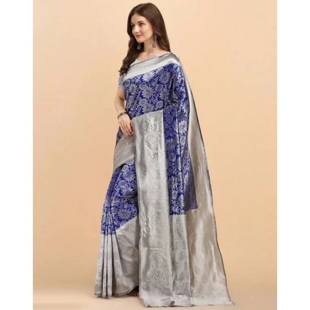 Women's Soft Lichi Silk Printed Saree — Blue · 90Bl