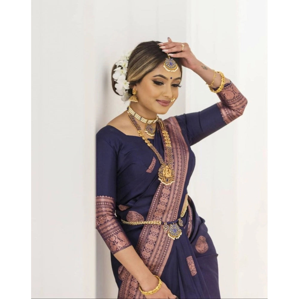 Women's Soft Lichi Silk Printed Saree — Navy Blue · 3Nbl