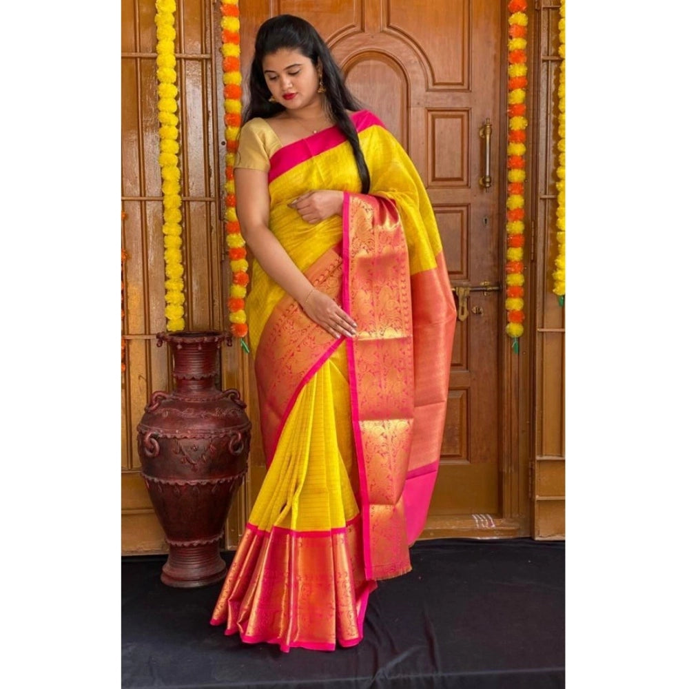 Women's Soft Lichi Silk Printed Saree — Yellow · 5Ylw
