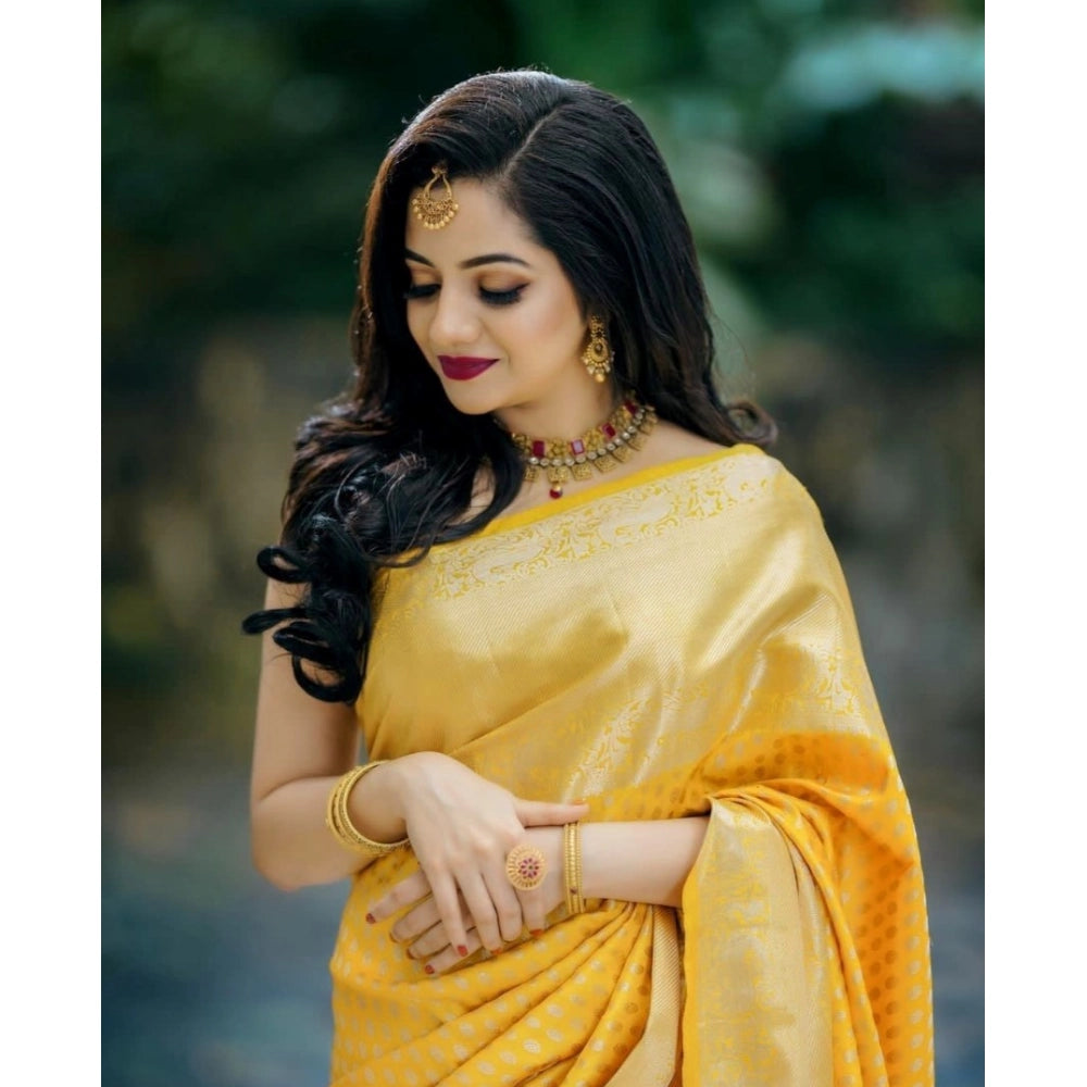 Women's Soft Lichi Silk Printed Saree — Yellow · 5Ylw