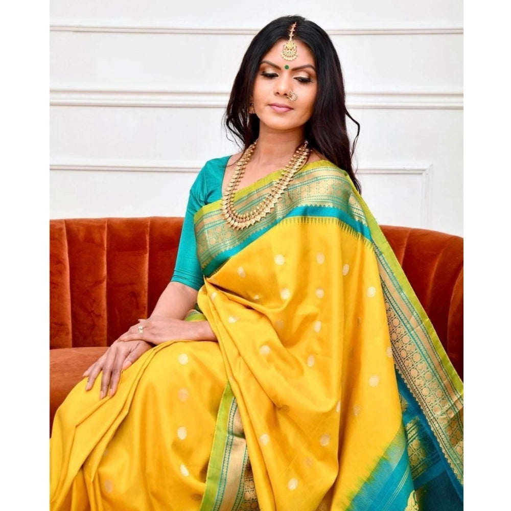 Women's Soft Lichi Silk Printed Saree — Yellow · 3Ylw