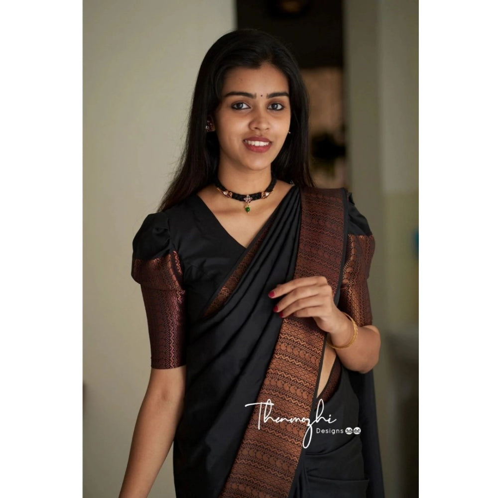 Women's Soft Lichi Silk Solid Saree — Black