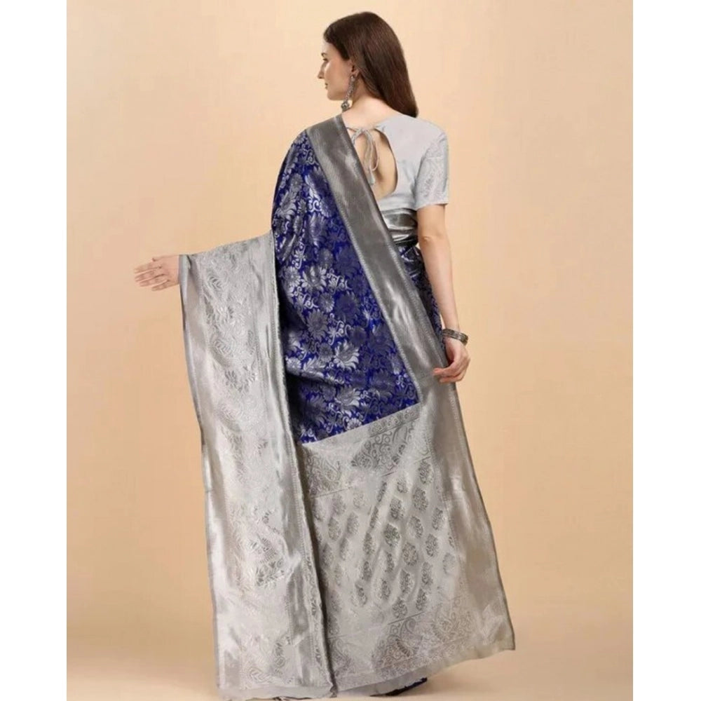 Women's Soft Lichi Silk Printed Saree — Blue · 90Bl