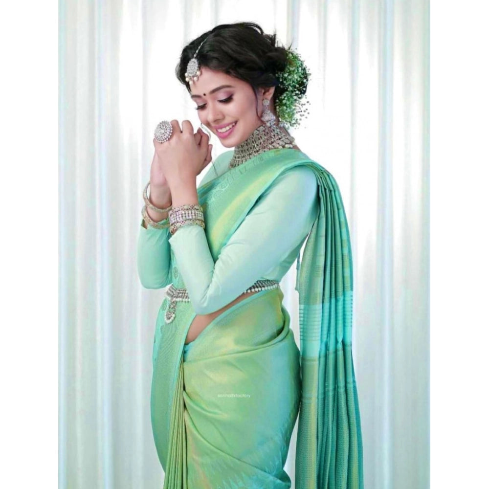 Women's Soft Lichi Silk Printed Saree — Light Green · 6Lbl