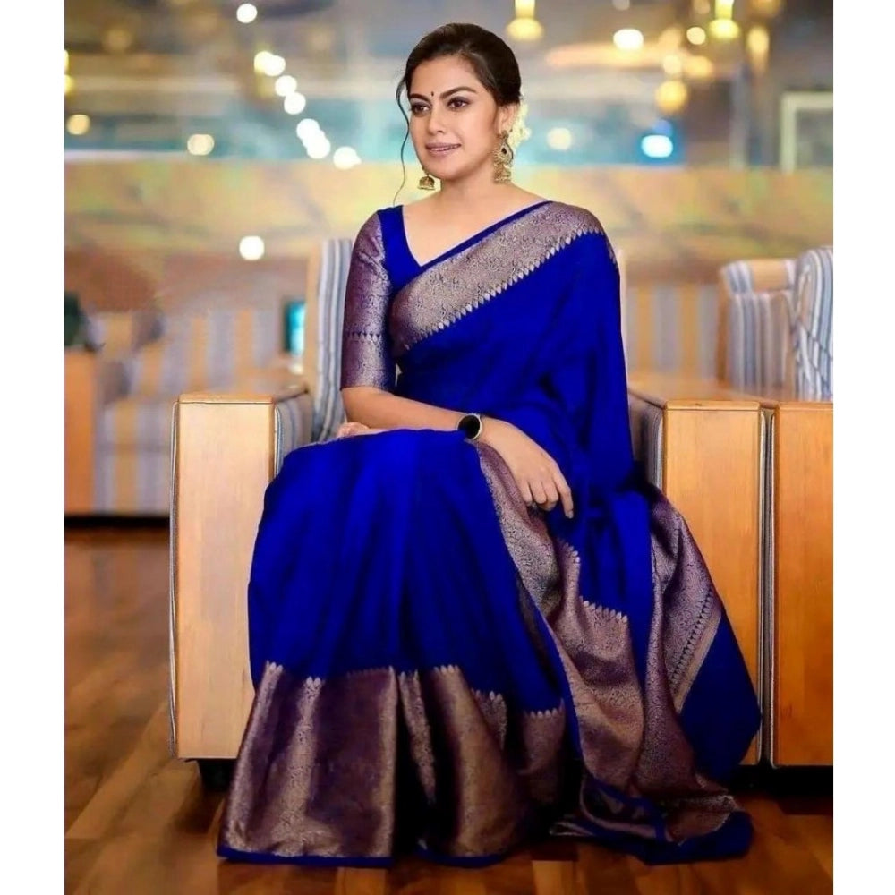 Women's Soft Lichi Silk Solid Saree — Blue · 42Bl