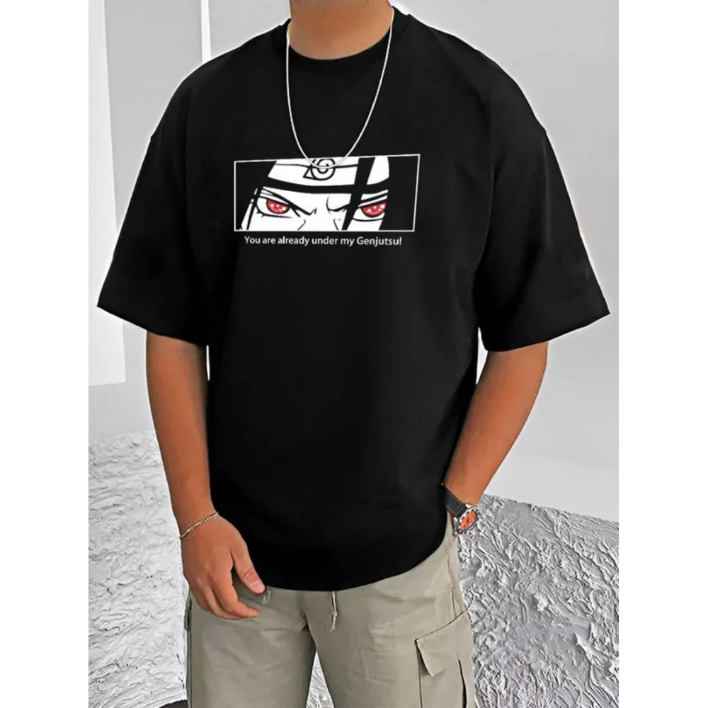 Men's Casual Cotton Blend Printed Round Neck Half Sleeve — Black · 29_L