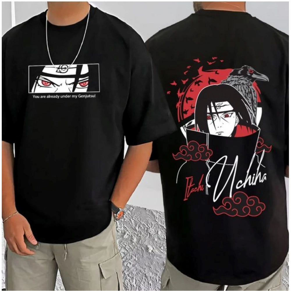 Men's Casual Cotton Blend Printed Round Neck Half Sleeve — Black · 29_L