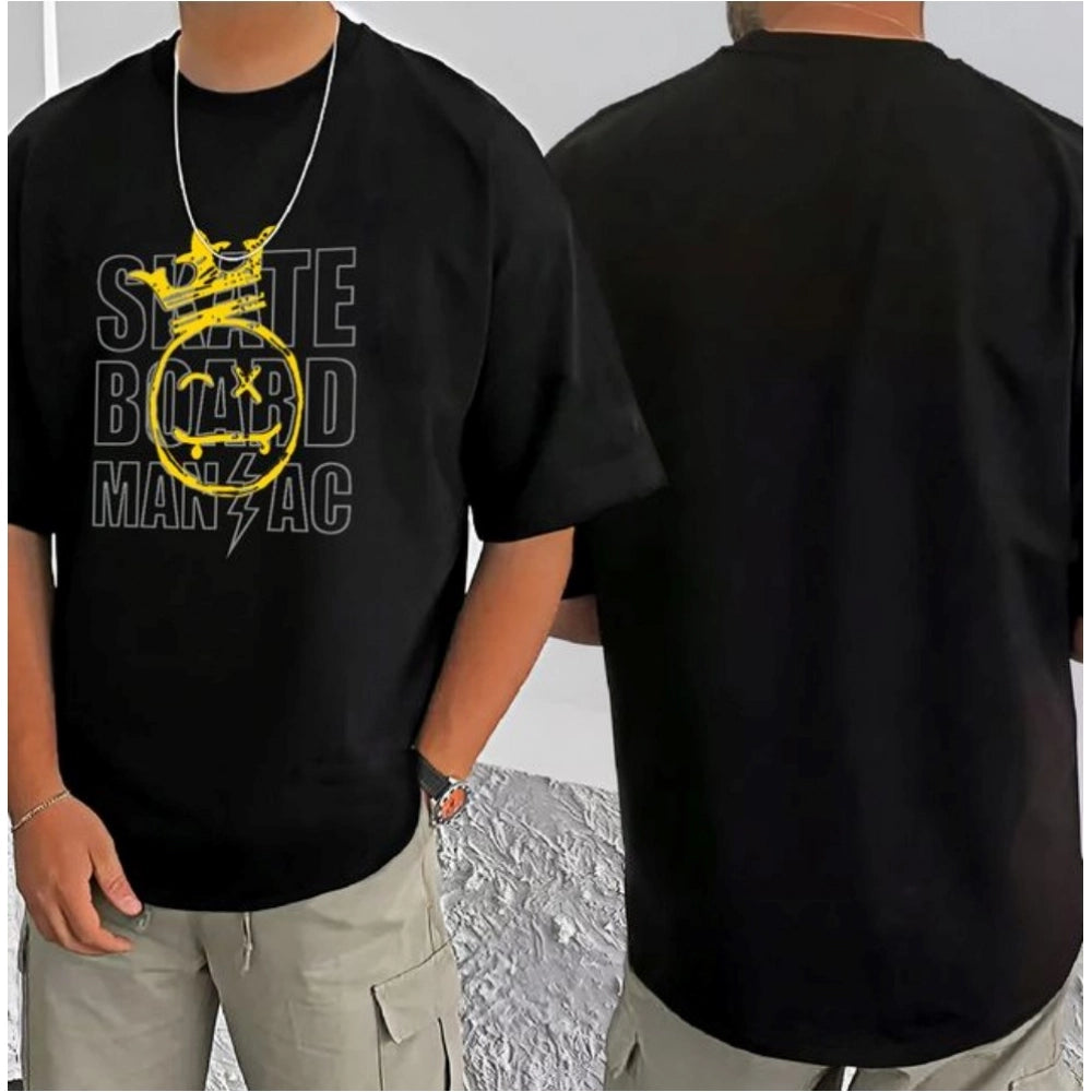 Men's Casual Cotton Blend Printed Round Neck Half Sleeve — Black · 93_L
