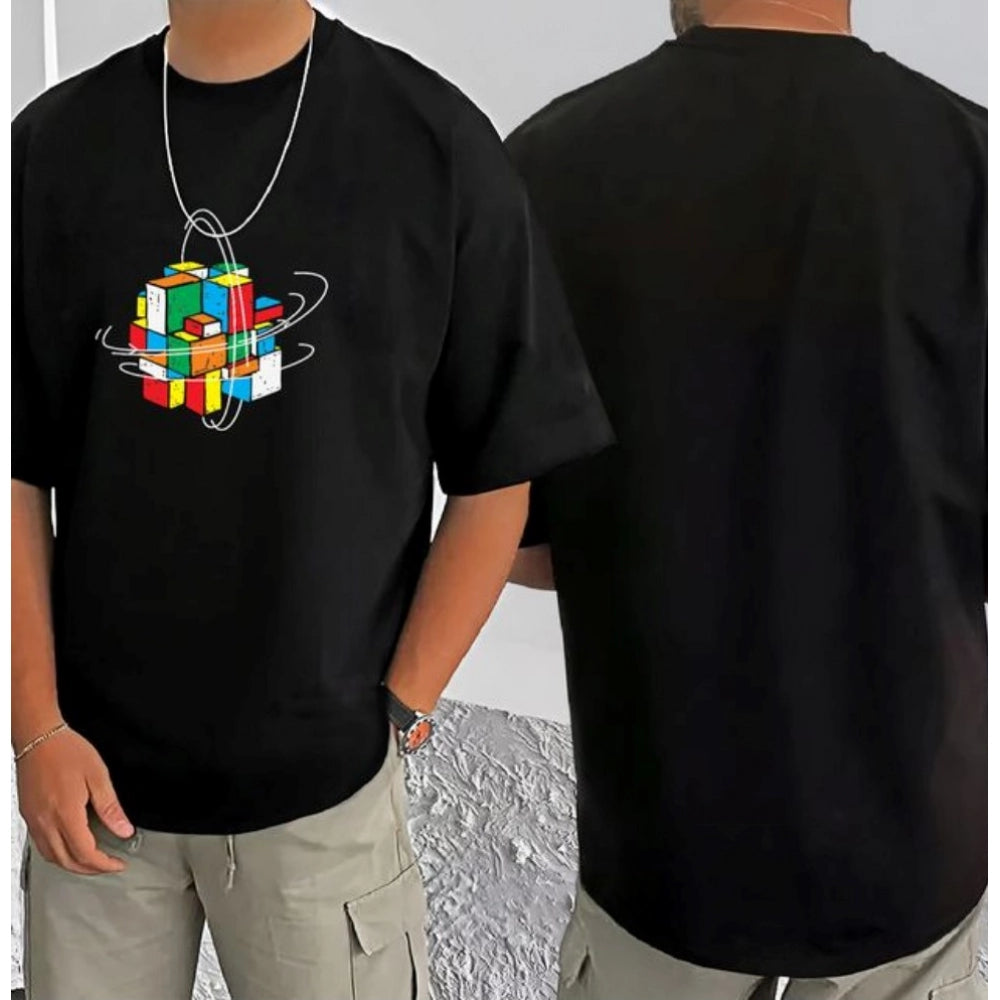 Men's Casual Cotton Blend Printed Round Neck Half Sleeve — Black · 85_L