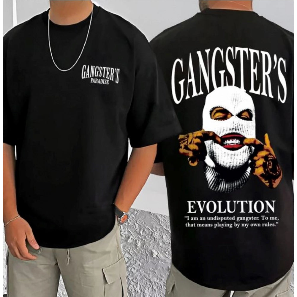 Men's Casual Cotton Blend Printed Round Neck Half Sleeve — Black · 53_L